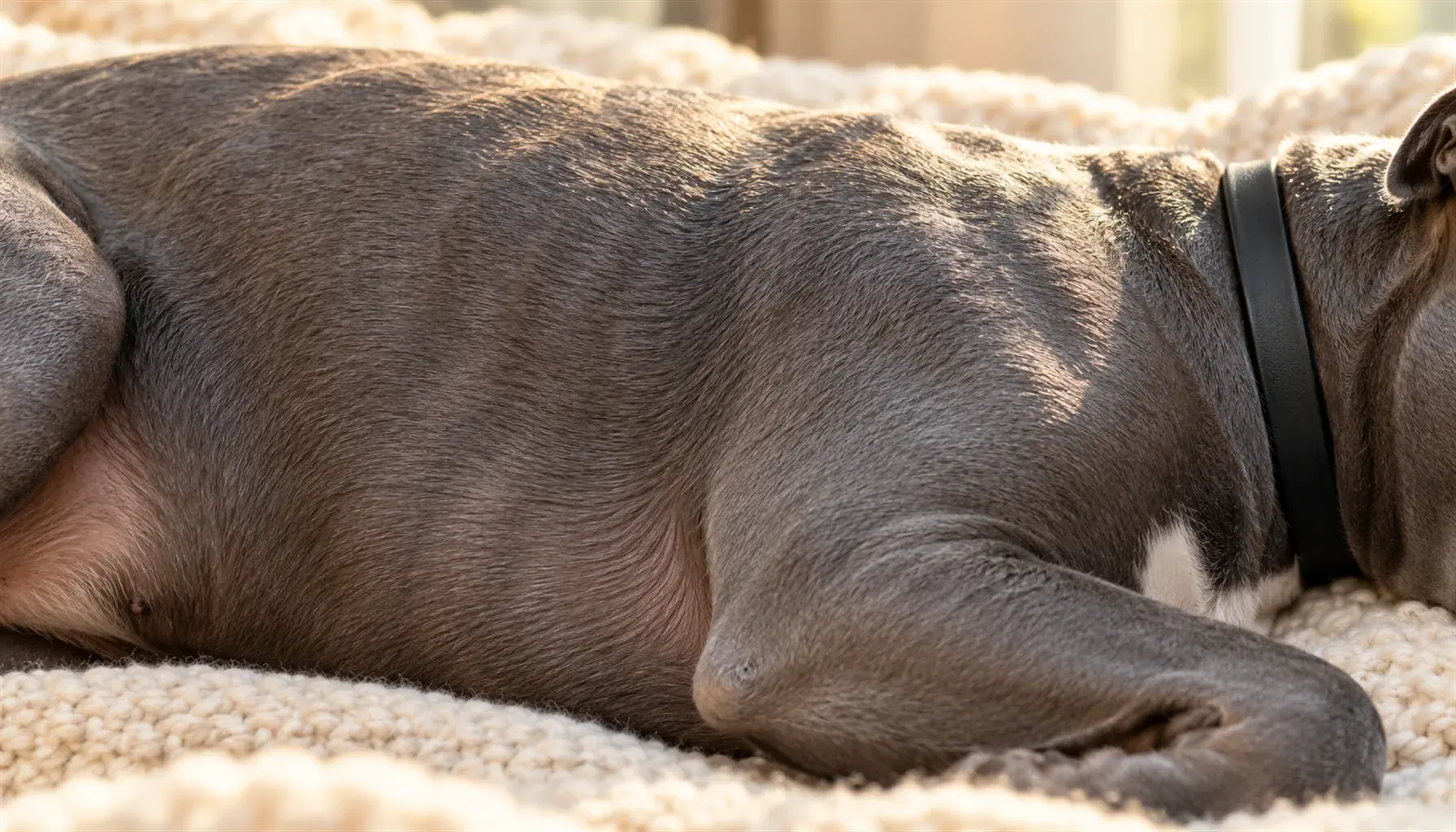 Close side view of a sleeping dog's chest mid-breath on a soft blanket in warm light, showing where to watch to count breaths per minute