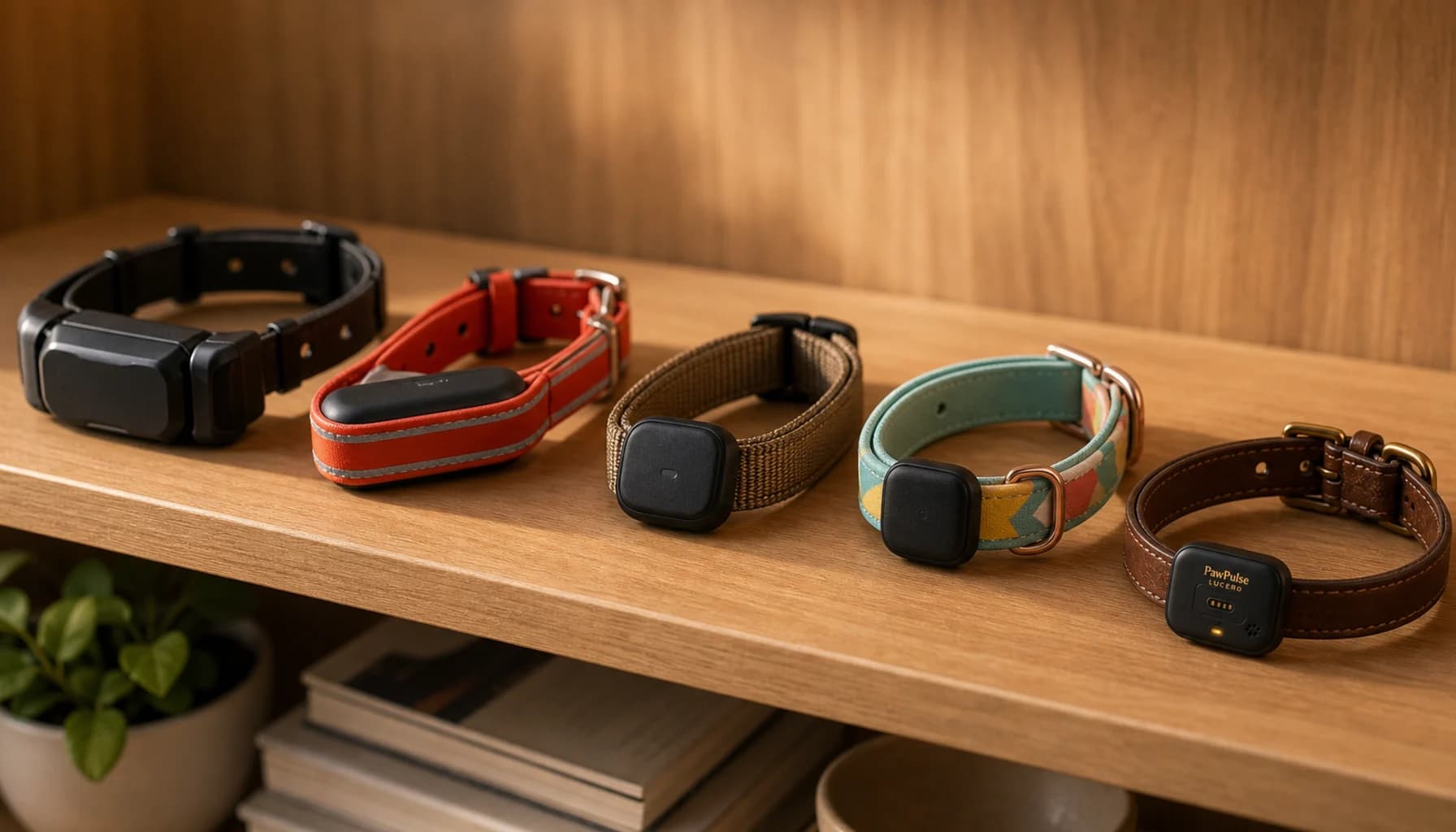 Row of generic smart collars on a shelf next to a PawPulse collar, all looking similar on the outside but with a visual suggestion that only one offers health monitoring beneath the surface