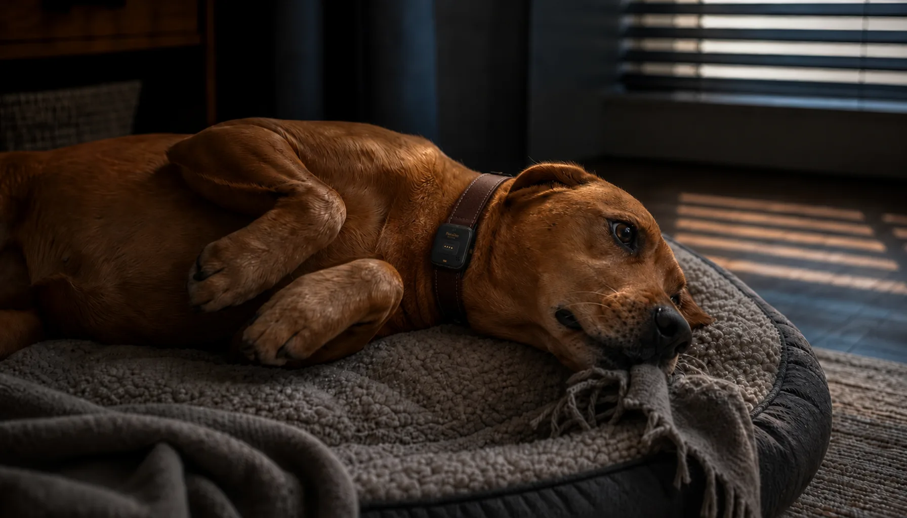 Dog sitting alert with tense body language in a living room, ears slightly back, brow furrowed, wearing a PawPulse collar with amber glow, warm but slightly tense mood