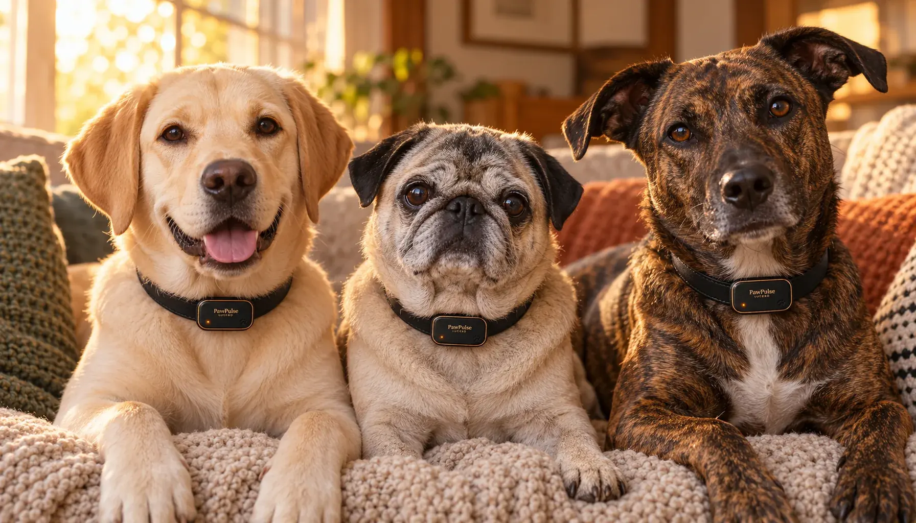 A yellow Labrador, a senior Pug and a brindle mixed-breed dog on a couch, each wearing a PawPulse collar, showing different baselines in a multi-dog household