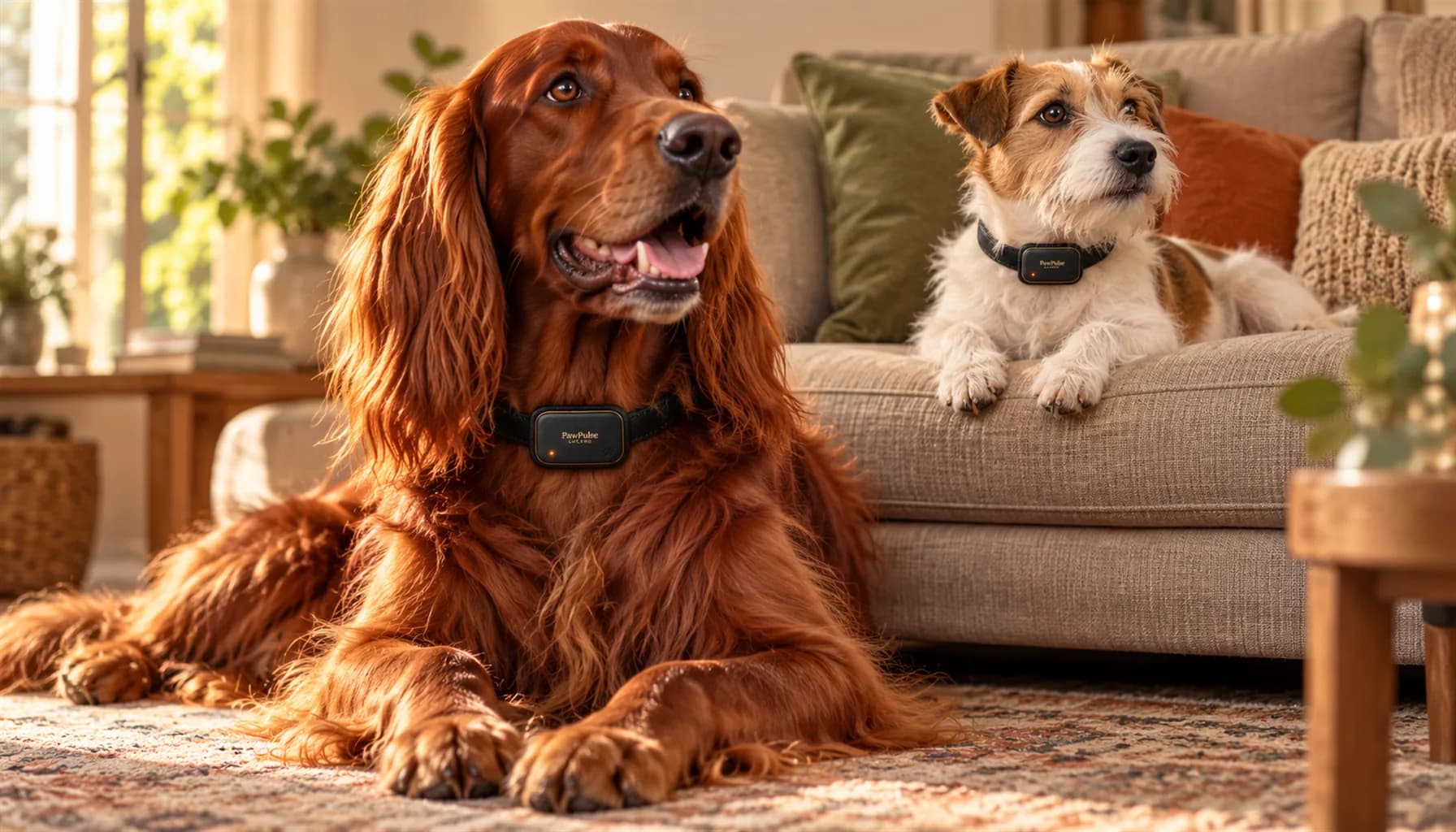 A red Irish Setter lying on a rug while a small Jack Russell Terrier rests on the sofa behind, each wearing its own PawPulse collar for individual monitoring in a multi-dog household