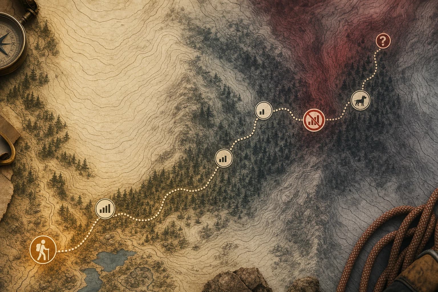 Infographic showing anatomy of a dead zone incident on a trail map: signal bars drop from full to zero as a hiker goes deeper into backcountry, dog runs off-trail at mile 3 with no tracking data available