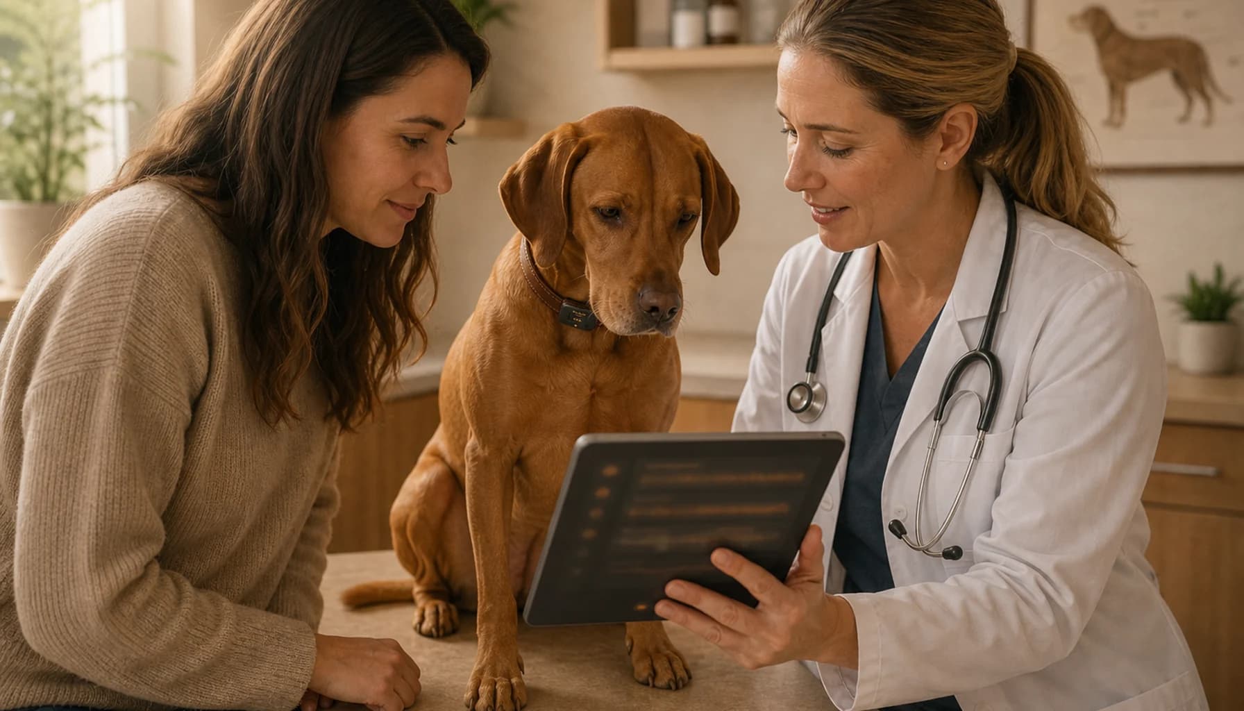 Close-up of a vet's hands holding a tablet showing a health timeline with trend data, in a warm exam room with a dog on the table in soft focus behind