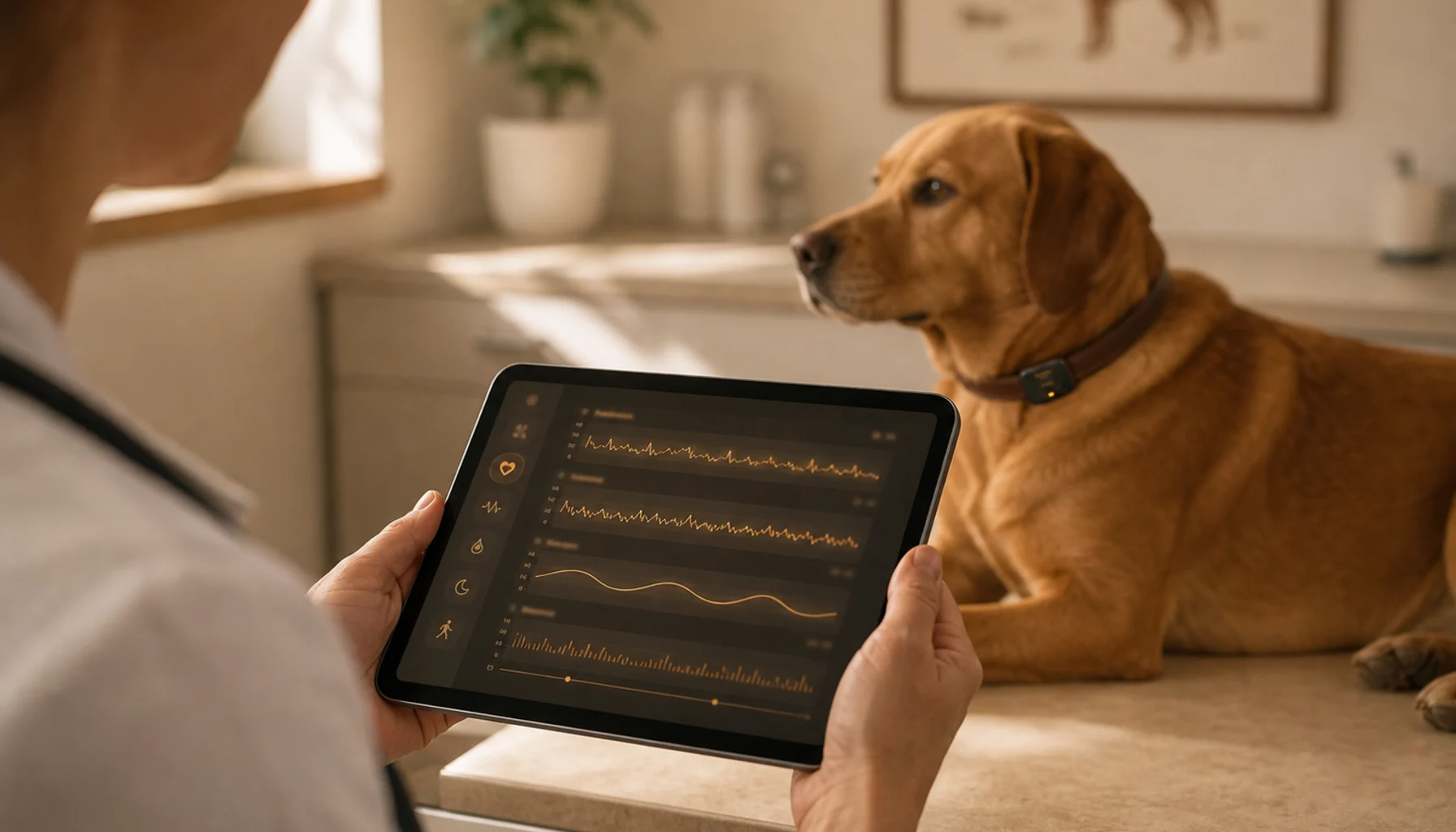 Veterinarian examining a dog during a routine checkup, warm exam room, conveying the thoroughness but time constraints of a standard visit