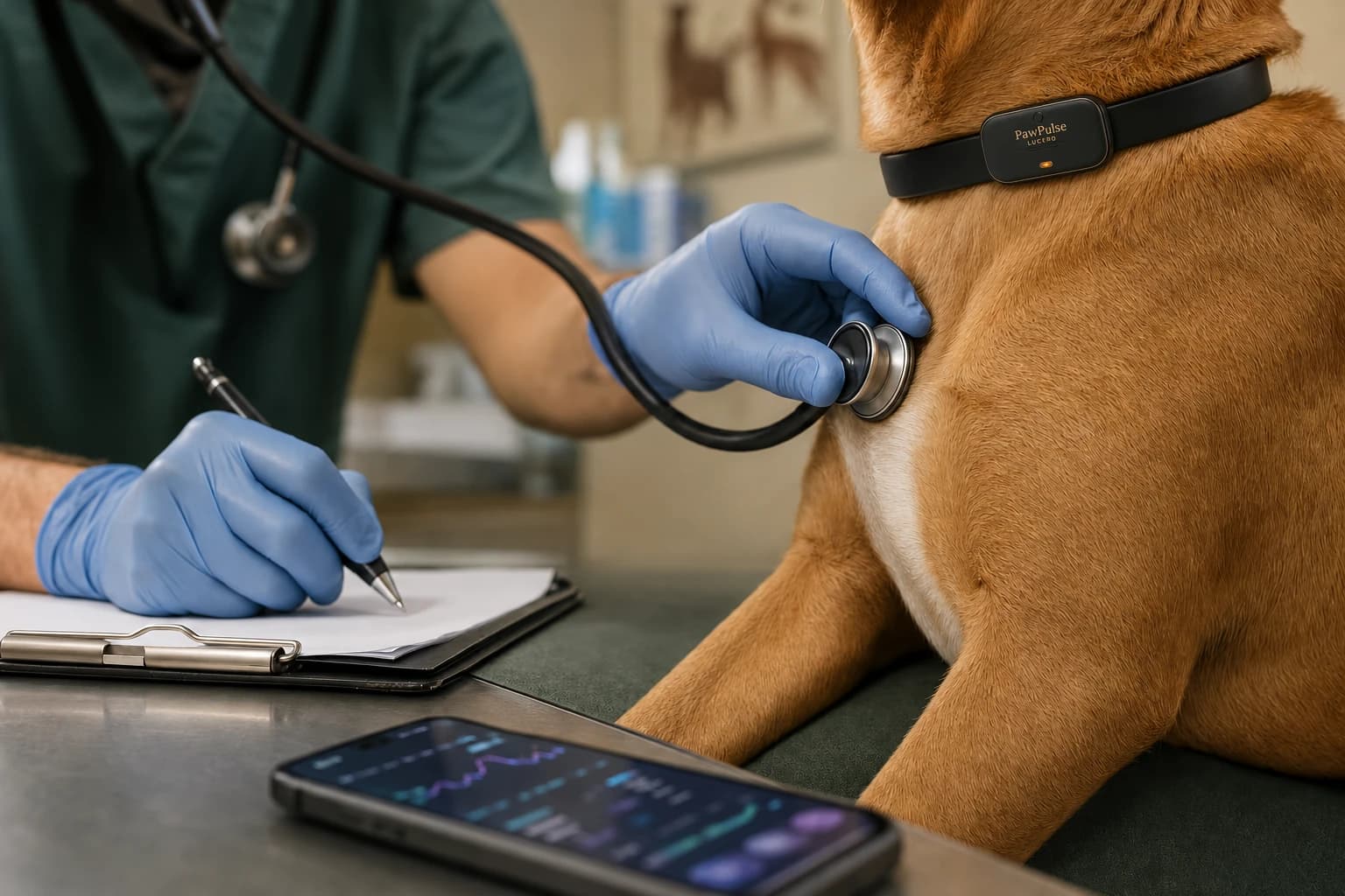 Veterinarian and dog owner in a bright exam room, owner showing phone data to the vet while a calm dog wearing a PawPulse collar sits on the exam table