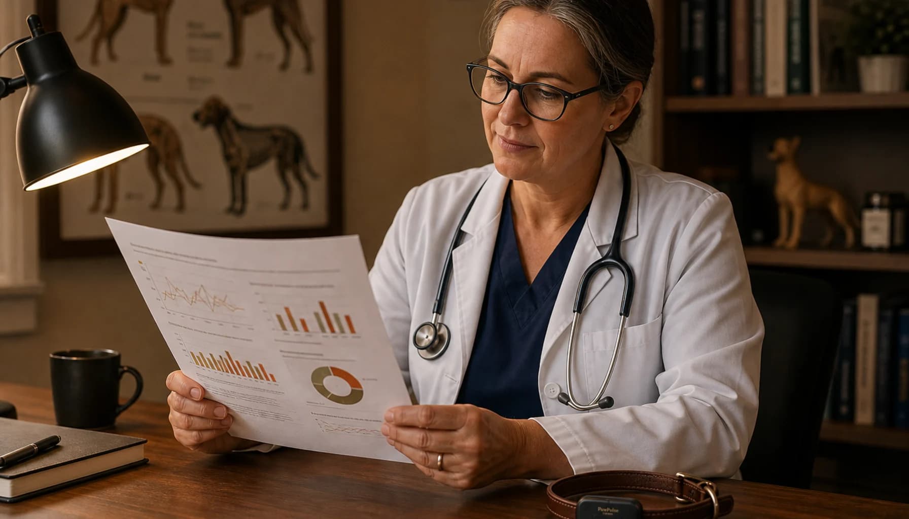 Veterinarian looking at a data chart showing sensor accuracy benchmarks, nodding with approval, warm professional setting