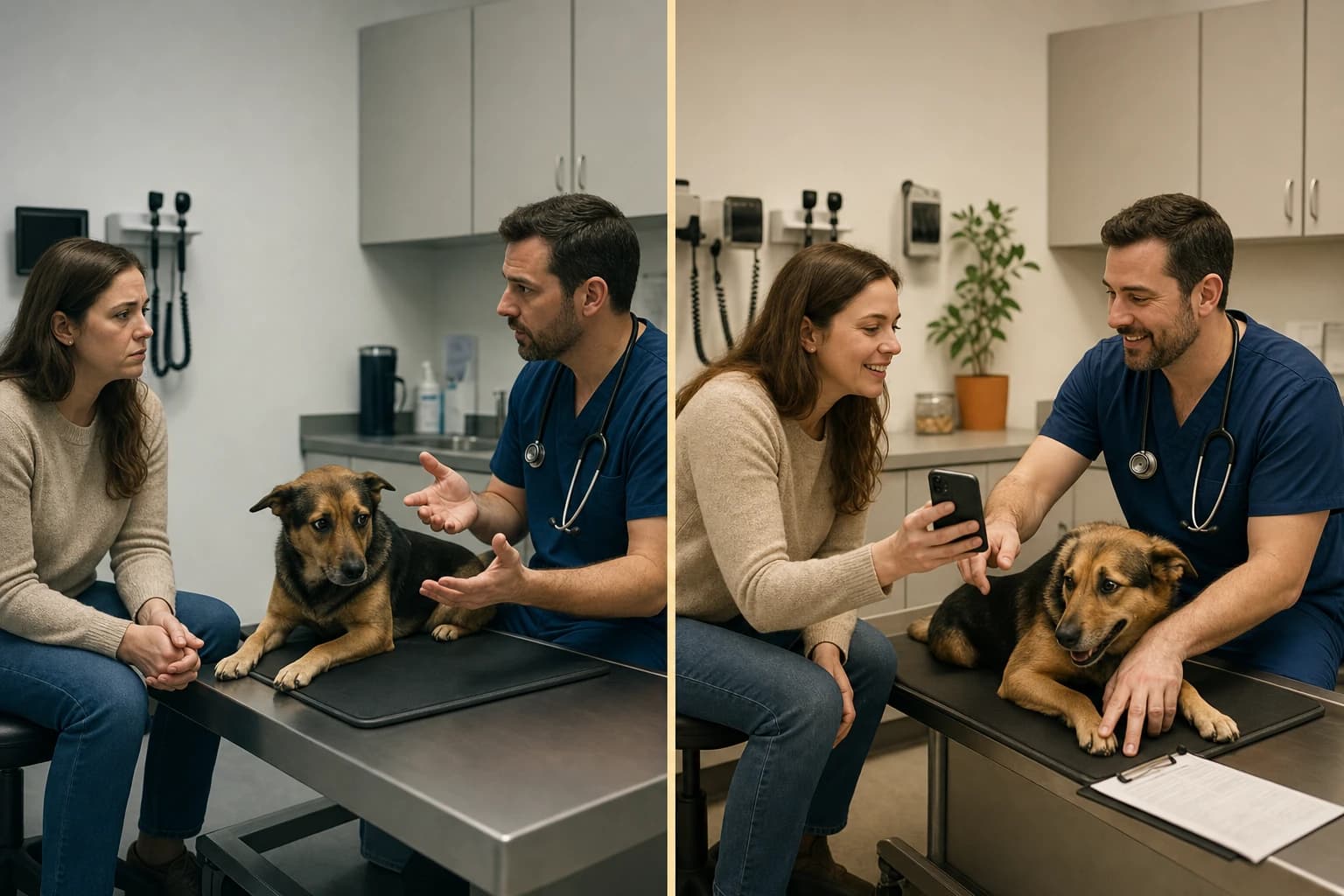 Split scene of the same vet exam room: left half shows a stressed owner struggling to describe vague symptoms, right half shows a confident owner sharing phone data with an engaged veterinarian