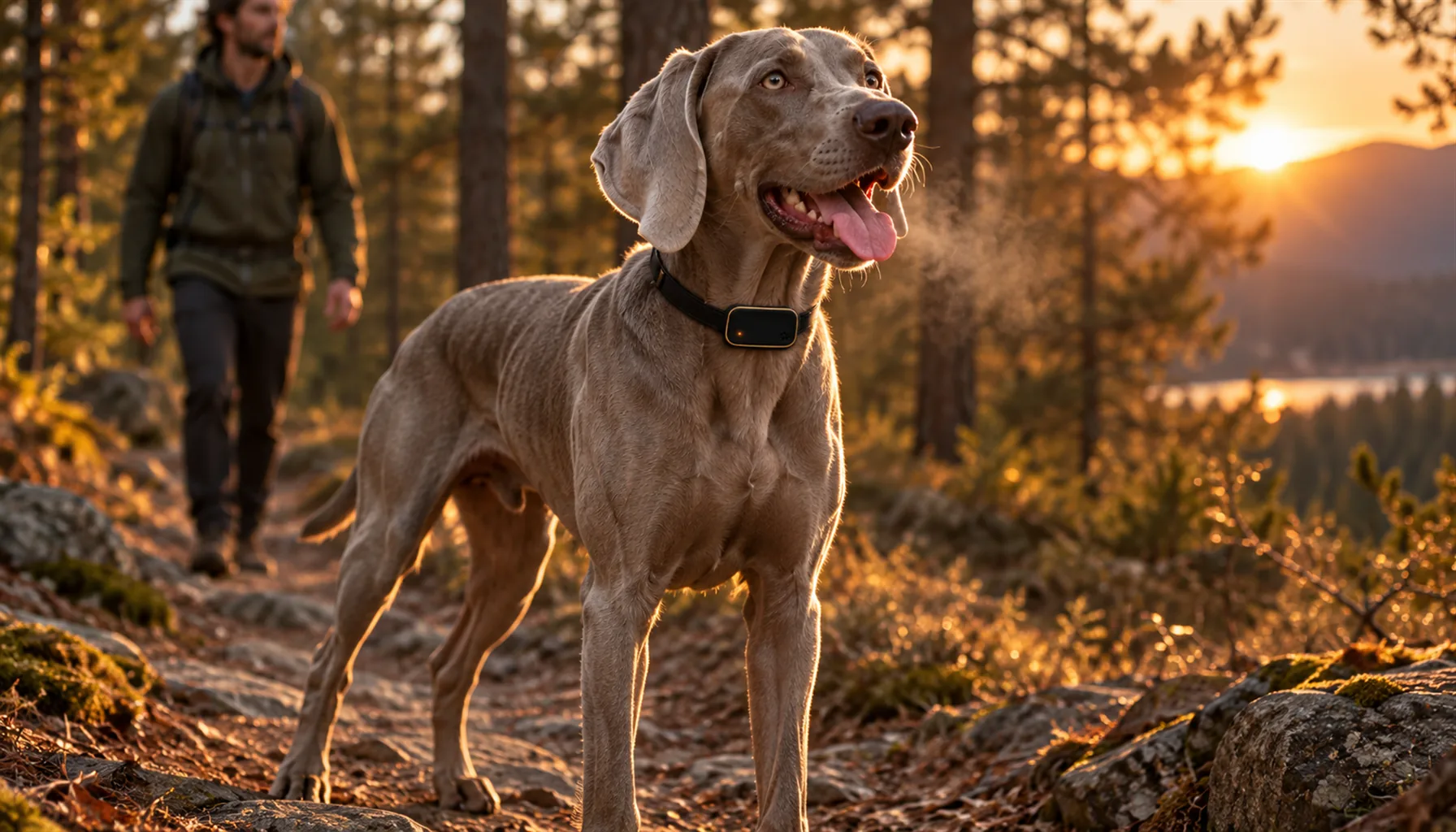 Athletic grey Weimaraner pausing on a forest trail at dusk, mouth open and breathing visibly after a run, slim black collar at the neck