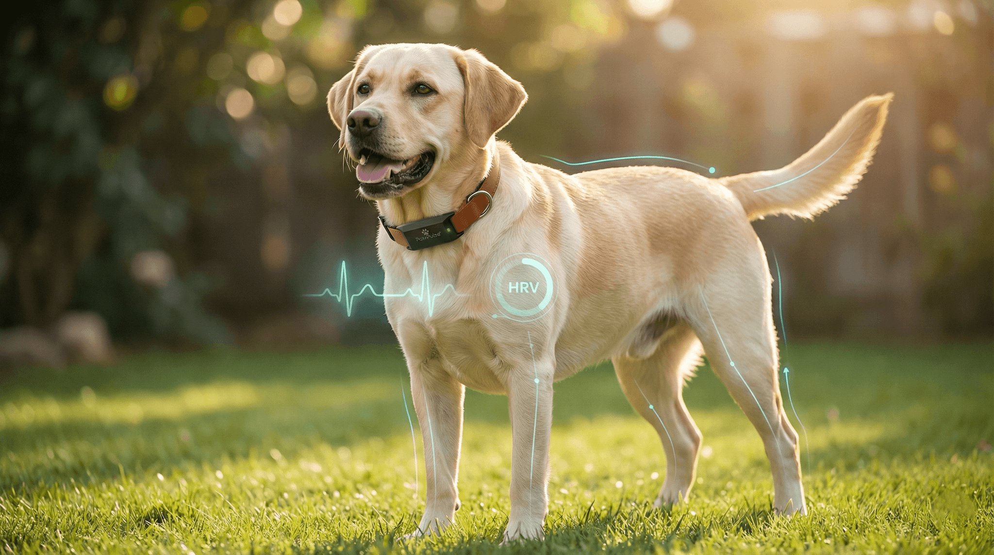 A healthy-looking Labrador in a sunlit backyard with subtle holographic health data overlays showing hidden vital signs being monitored by AI