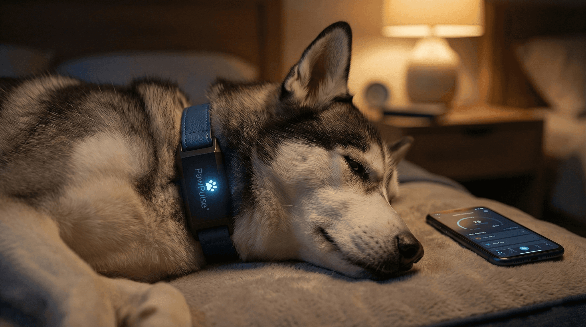 A Husky resting on a dog bed at night wearing a sleek smart collar with a soft blue indicator light while a phone displays a health dashboard nearby