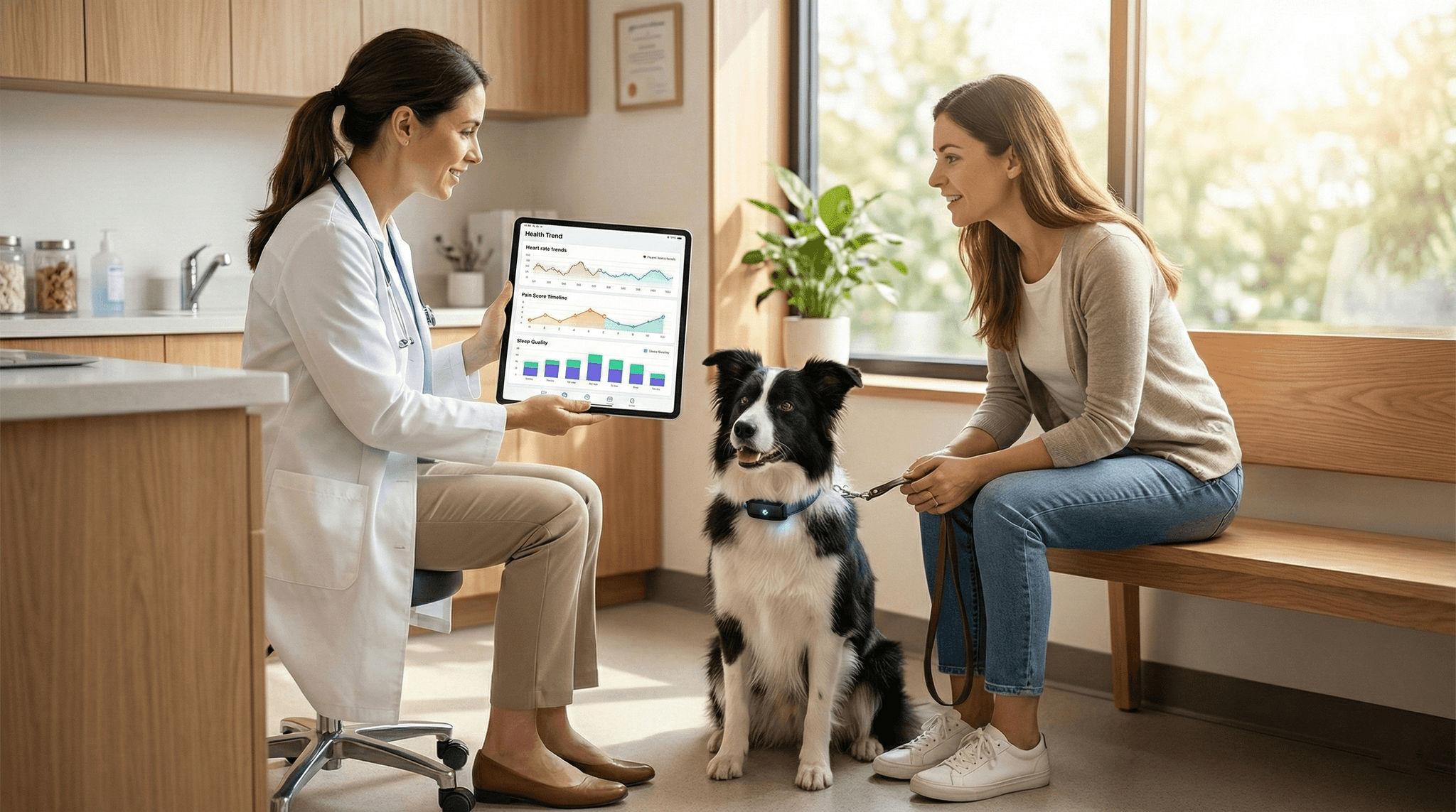 A veterinarian and dog owner reviewing health trend data on a tablet together in a bright modern exam room while a Border Collie wearing a smart collar sits calmly between them