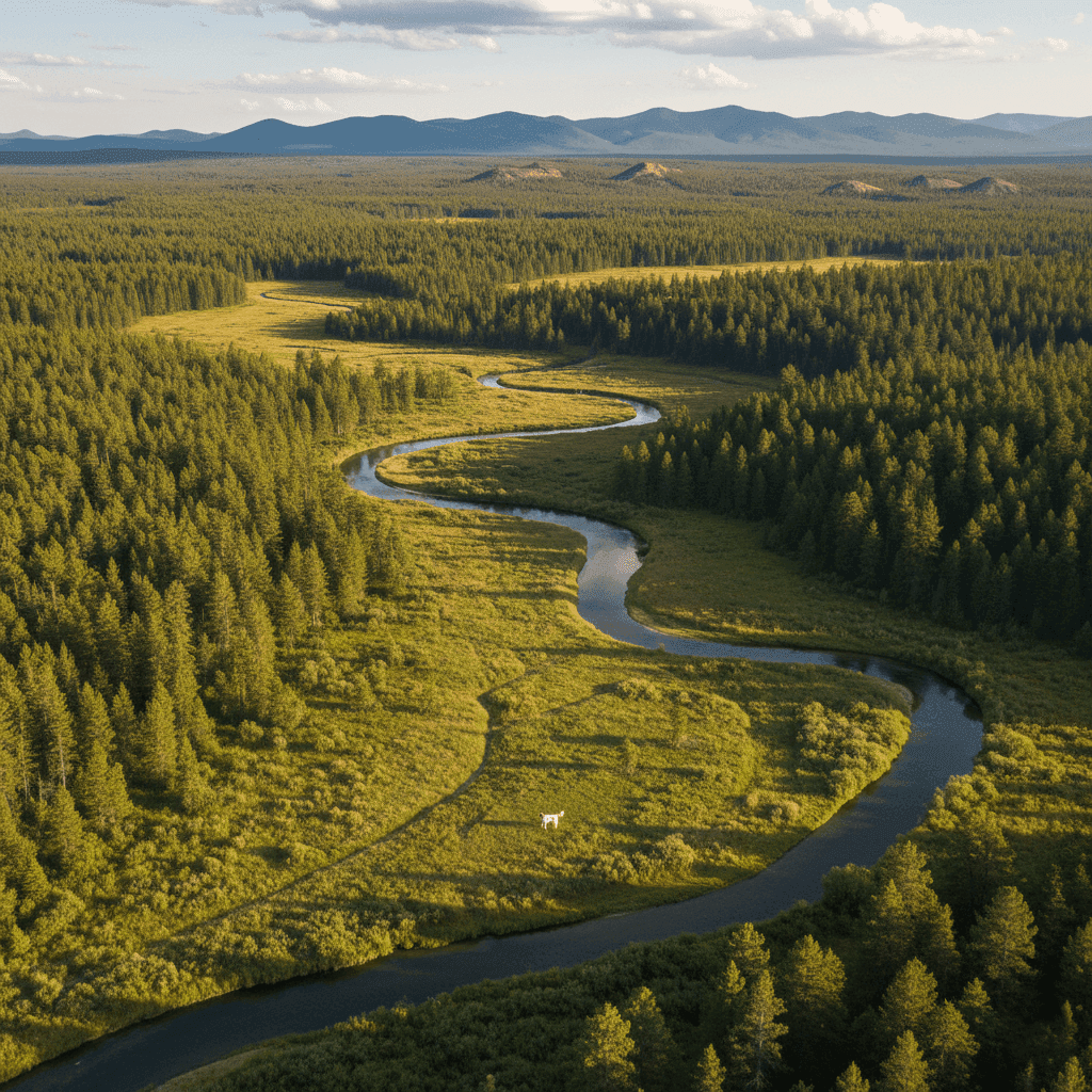 Aerial view of a vast wilderness landscape with a lone dog standing in a clearing, illustrating the scale of areas without cellular coverage