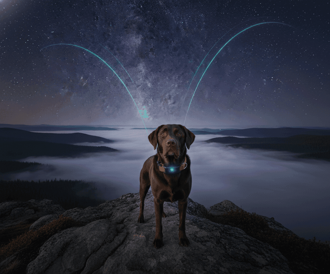 A dog on a mountain overlook at dusk wearing a smart collar with satellite signal arcs reaching into the starry sky
