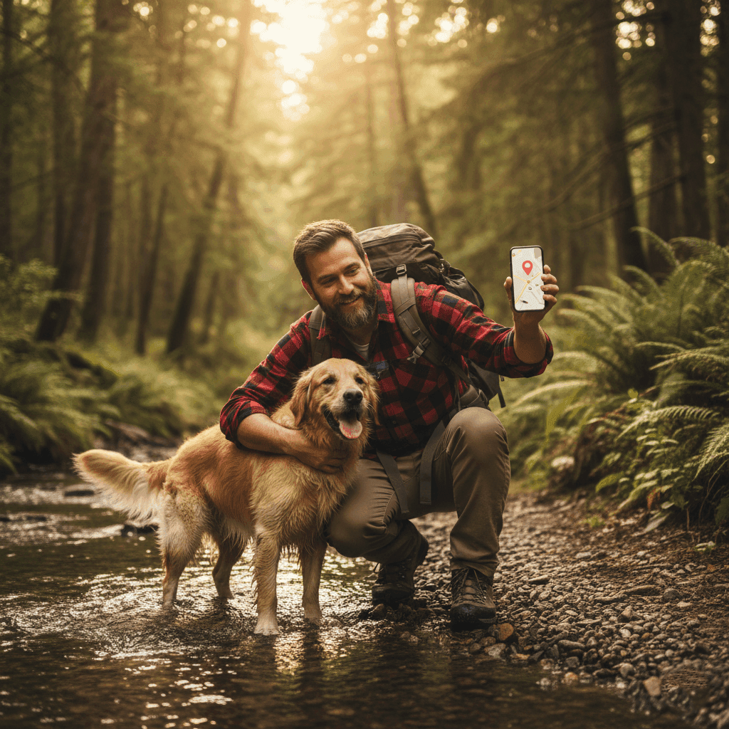 A hiker reuniting with their Golden Retriever at a forest creek, holding a phone showing a GPS location pin