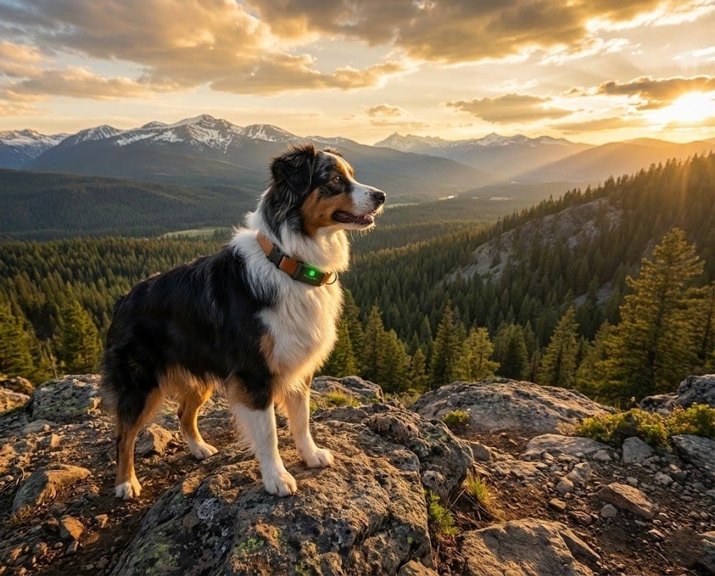 An adventurous dog on a remote mountain trail wearing a PawPulse collar with satellite connectivity