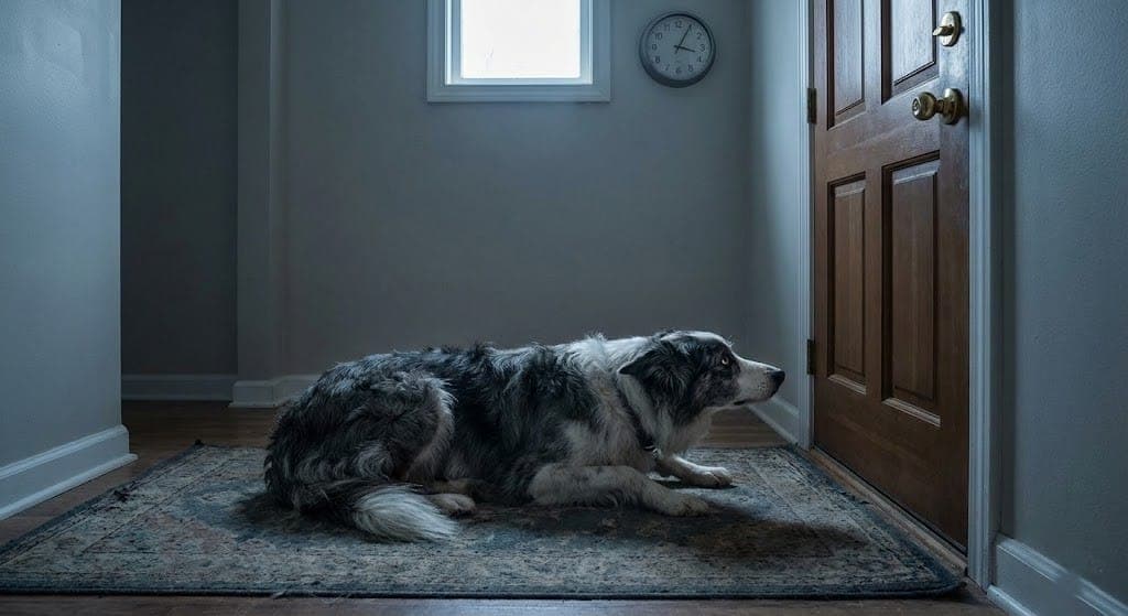 Golden retriever anxiously waiting by the front door for their owner to return home