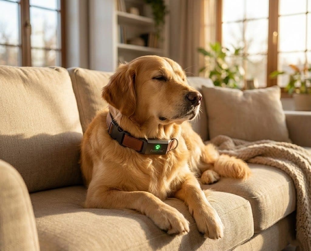 A calm golden retriever relaxing on a couch wearing a PawPulse smart collar after Pulse Therapy activation