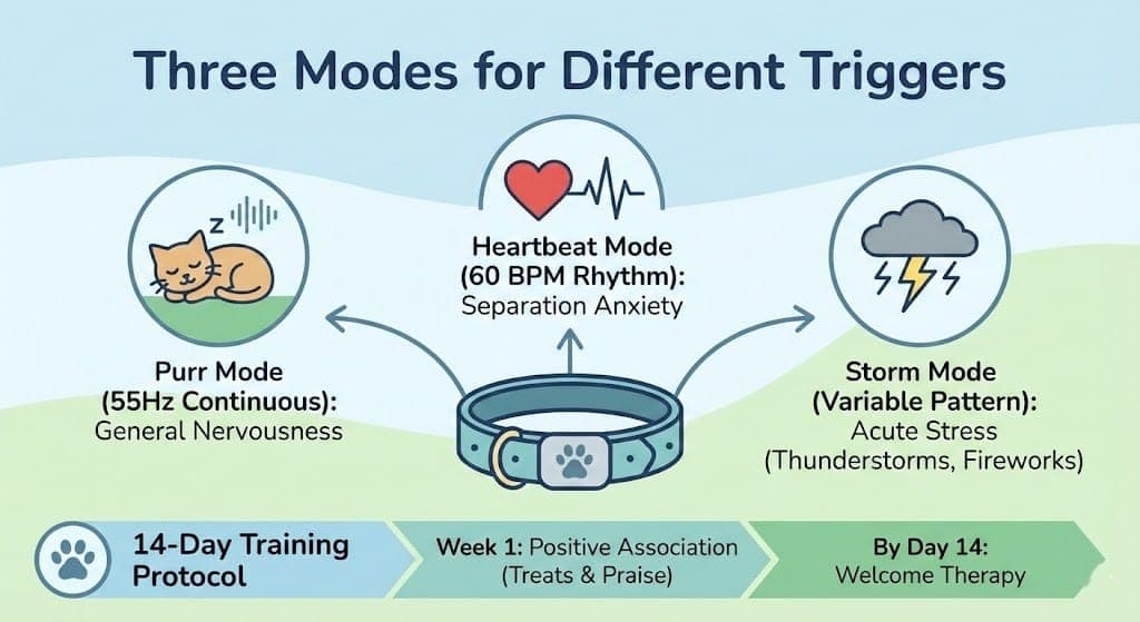 PawPulse Pulse Therapy three modes - Deep Calm, Heartbeat Mode, and Storm Mode - science-based vibration therapy to help resolve anxiety in dogs