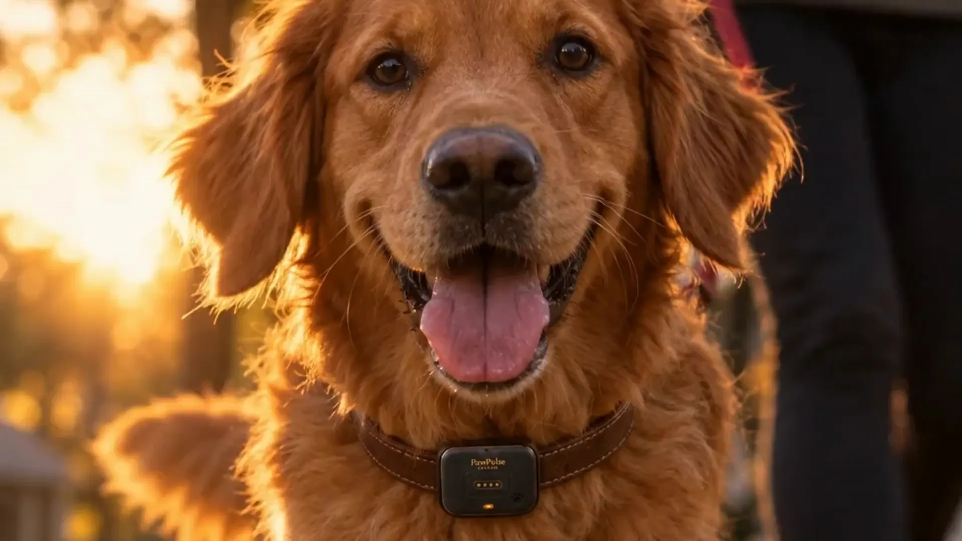 Golden Retriever walking toward the camera on a sunlit sidewalk, wearing a matte black Lucero module with a gold accent on a brown leather collar
