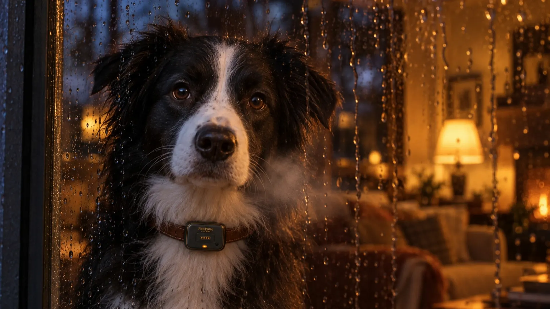 Border Collie watching through a rain-streaked window from a lamplit room, wearing a matte black Lucero module on a brown leather collar