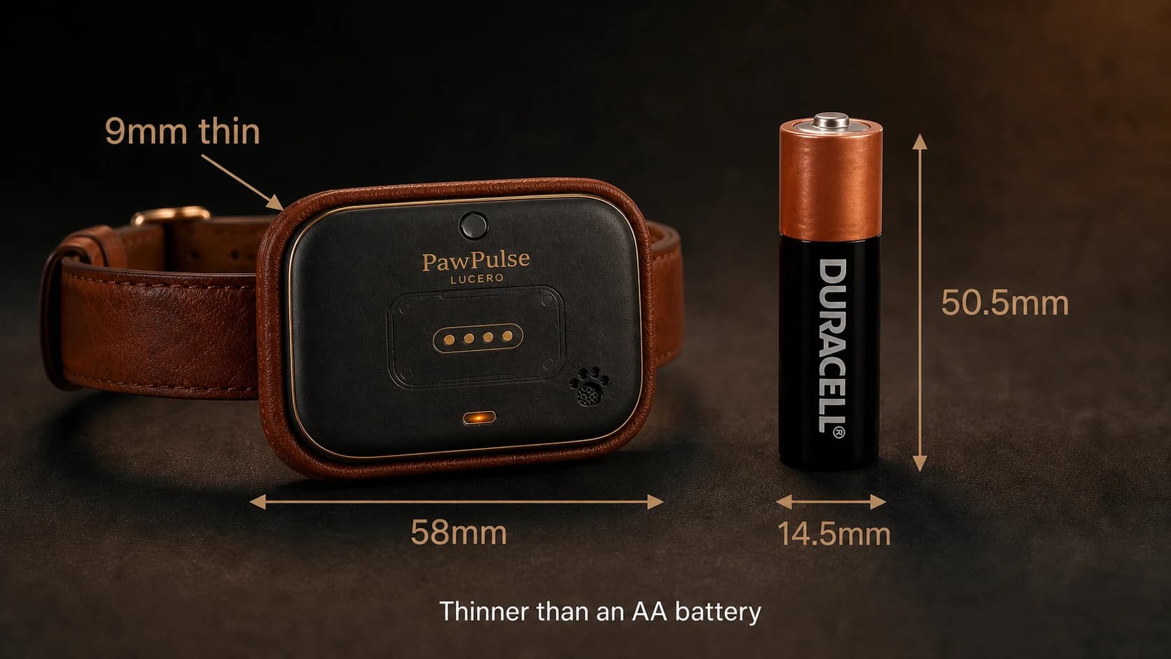 Lucero smart dog collar size comparison with AA battery and measurement callouts