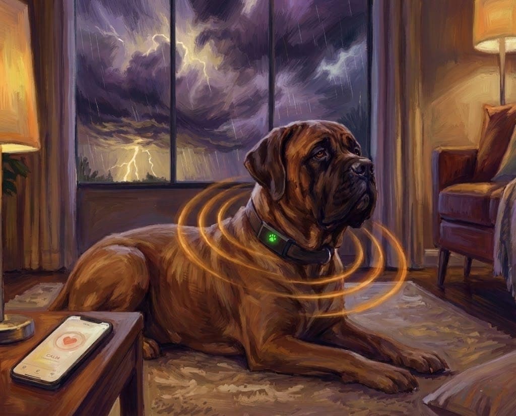 Calm dog wearing PawPulse smart collar with Pulse Therapy - providing comfort during thunderstorms, fireworks, and separation anxiety