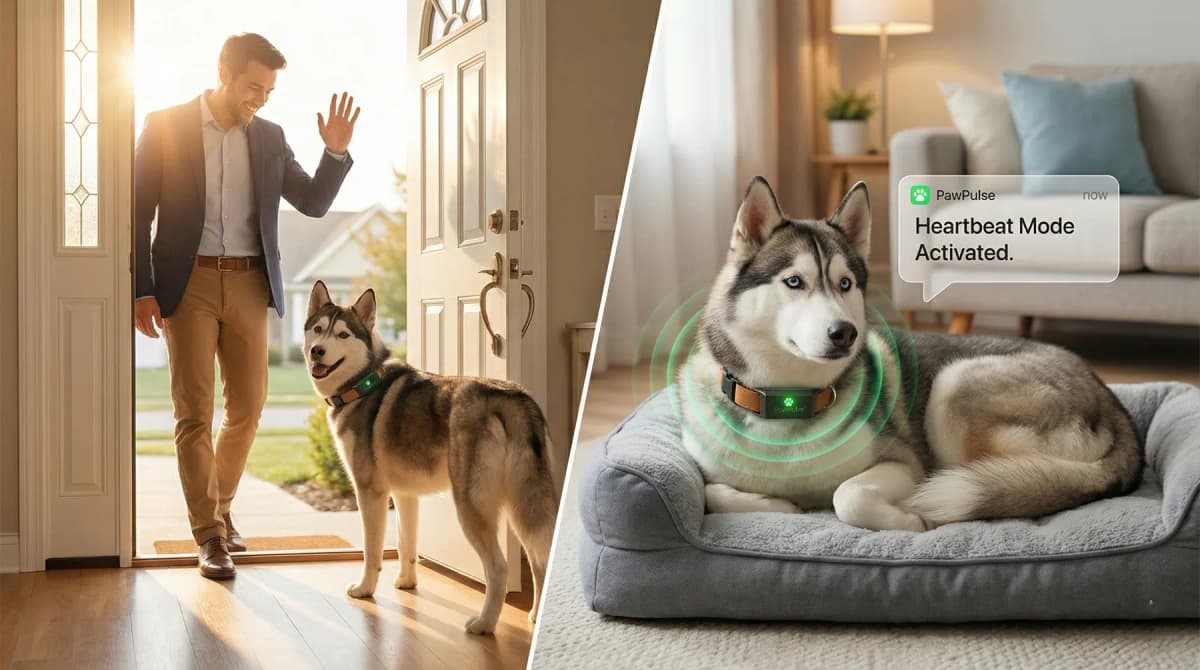 Dog relaxing at home while owner is away - PawPulse Heartbeat Mode helps reduce separation anxiety
