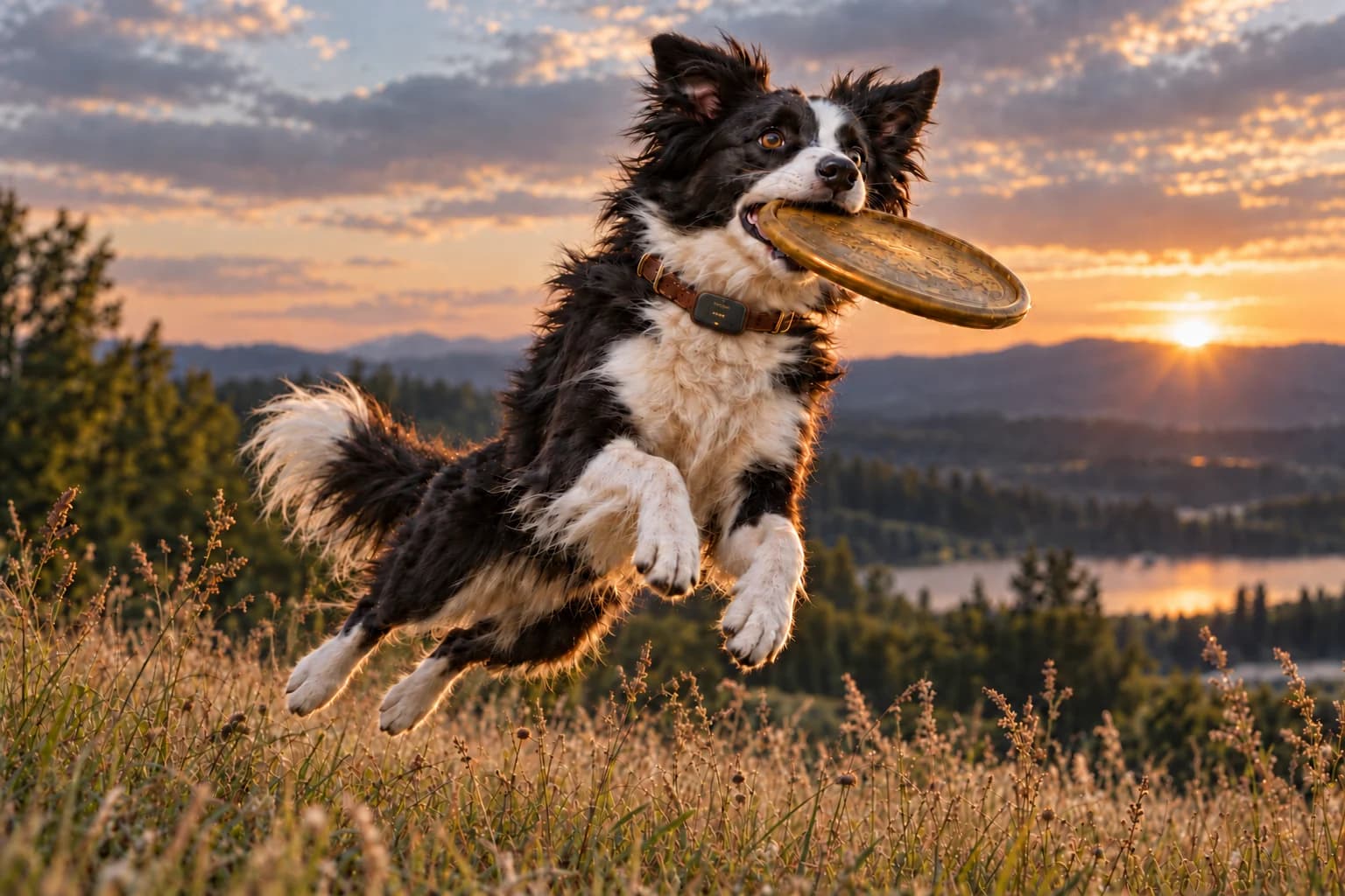 A border collie wearing Lucero leaps to catch a frisbee in a meadow at sunset